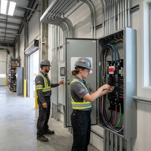 Professional electricians working on a large industrial power panel in a Kelowna warehouse, representing a leading commercial electrical contractor Kelowna business owners trust for high-quality electrical installations and maintenance.