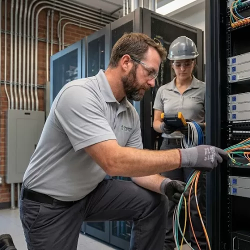 A focused commercial electrician from Strugnell Electric meticulously works on data cabling and server racks within a modern Kelowna office utility room, providing specialized electrical services for local businesses.