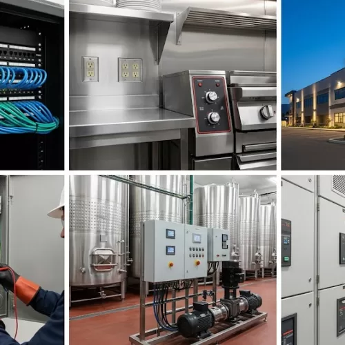 A six-panel collage showcasing a diverse range of professional applications, from data networking racks and commercial kitchen wiring to modern building architectural lighting, industrial automation controls, and thermal imaging inspections, demonstrating the full scope of Kelowna Commercial Electrical Services.