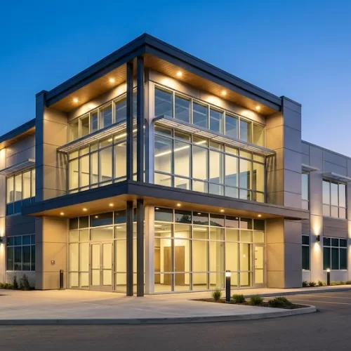 Gemini said A beautifully illuminated modern Kelowna commercial building at twilight, showcasing expert lighting installation and electrical work by a professional Kelowna Commercial Electrician.