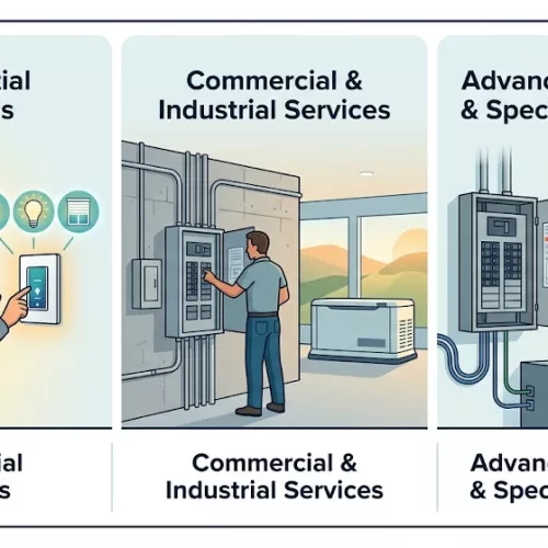 A three-part illustration showcasing the core services offered by Strugnell Electric, featuring residential smart home automation, commercial and industrial electrical installations, and advanced specialty services like thermal imaging diagnostics.