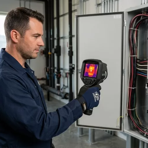 A professional electrician performing routine commercial electrical maintenance by using a thermal imaging camera to safely inspect an active high-voltage power panel at an Okanagan winery