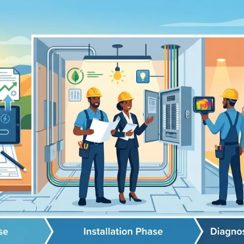 A visual step-by-step guide illustrating the planning, installation, and final thermal diagnostic phases of a retail store upgrade, showcasing the comprehensive process managed by an expert Kelowna commercial buildout electrician