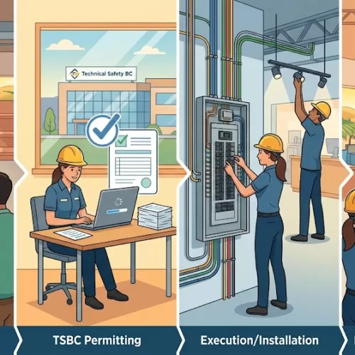 A multi-panel illustration showcasing the step-by-step process of a professional commercial electrical service, including initial consultation, TSBC permitting, execution of electrical wiring and lighting installation, and a final safety inspection