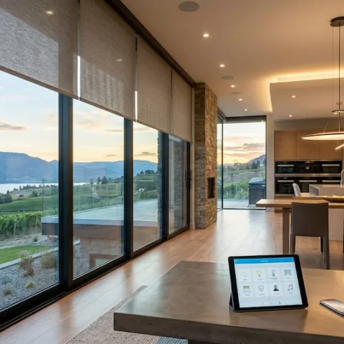 A smart tablet displaying a control interface on a coffee table in a modern living room featuring motorized shades and a sleek wall keypad, demonstrating seamless home automation Kelowna