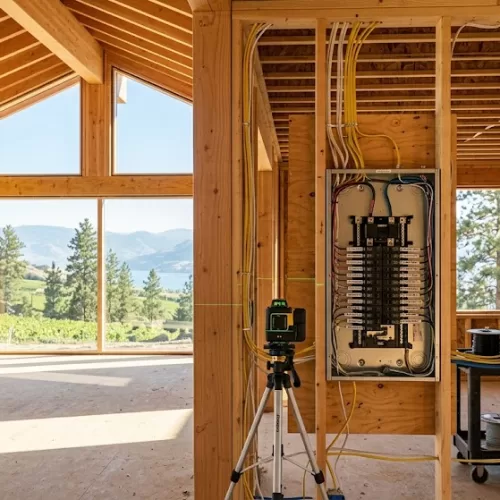 Interior framing of a modern luxury home under construction, featuring neatly routed wiring and a newly installed electrical panel that highlights the precision work of expert electric contractors in Kelowna